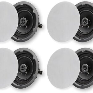 Micca 6.5" 2-Way in Ceiling or Wall Round Speakers, 4 Pack, 6.5 Inch Woofer, 8" Cutout Diameter, Low Profile Rimless Design, for Indoor Rooms or Covered Outdoor Porches, White, Paintable